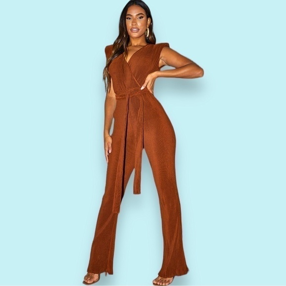 PrettyLittleThing Pants - Pretty Little Thing Pleated Shoulder Pad Flared Leg Jumpsuit, Chocolate, Size 2